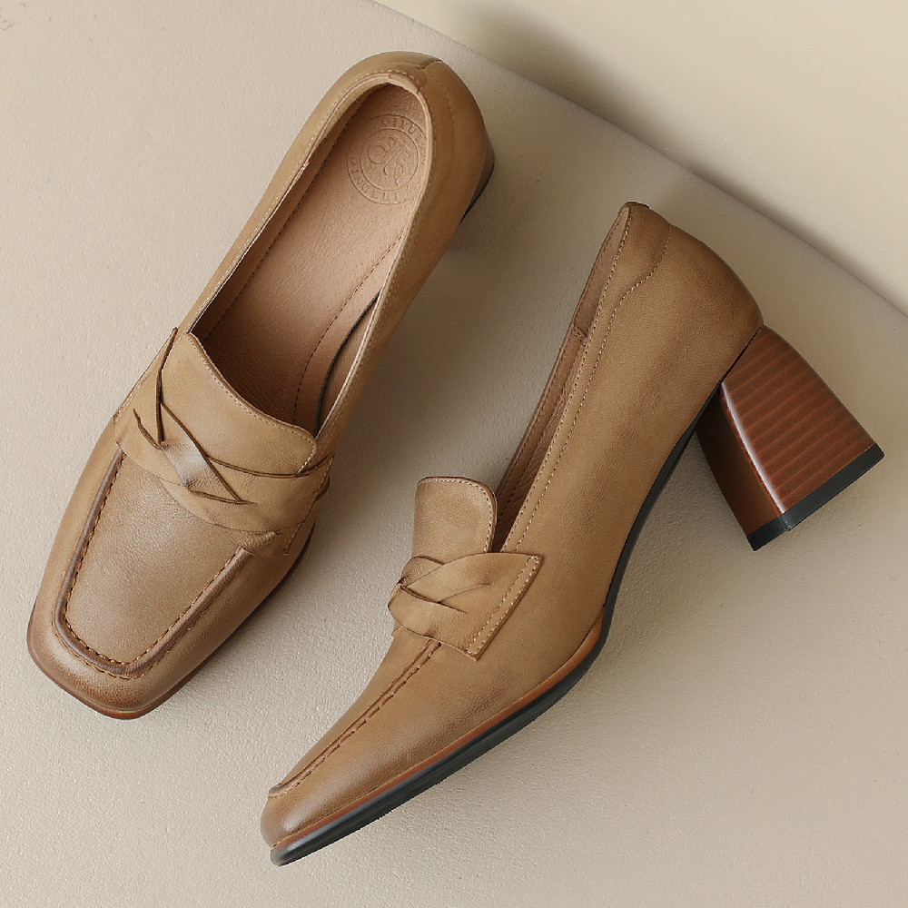Women's genuine leather thick high heel square toe slip-on pumps OL style soft comfort elegant ladies heeled shoes plus size 42