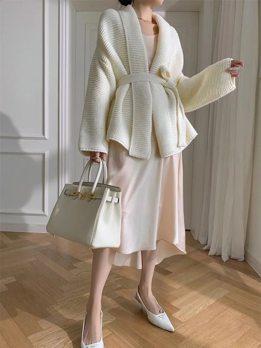 Knitted Cardigan Womens Autumn Winter Korean Vneck Waistband Tie Up Slimming Loose Ins Westernstyle Sweater Jacket 240904