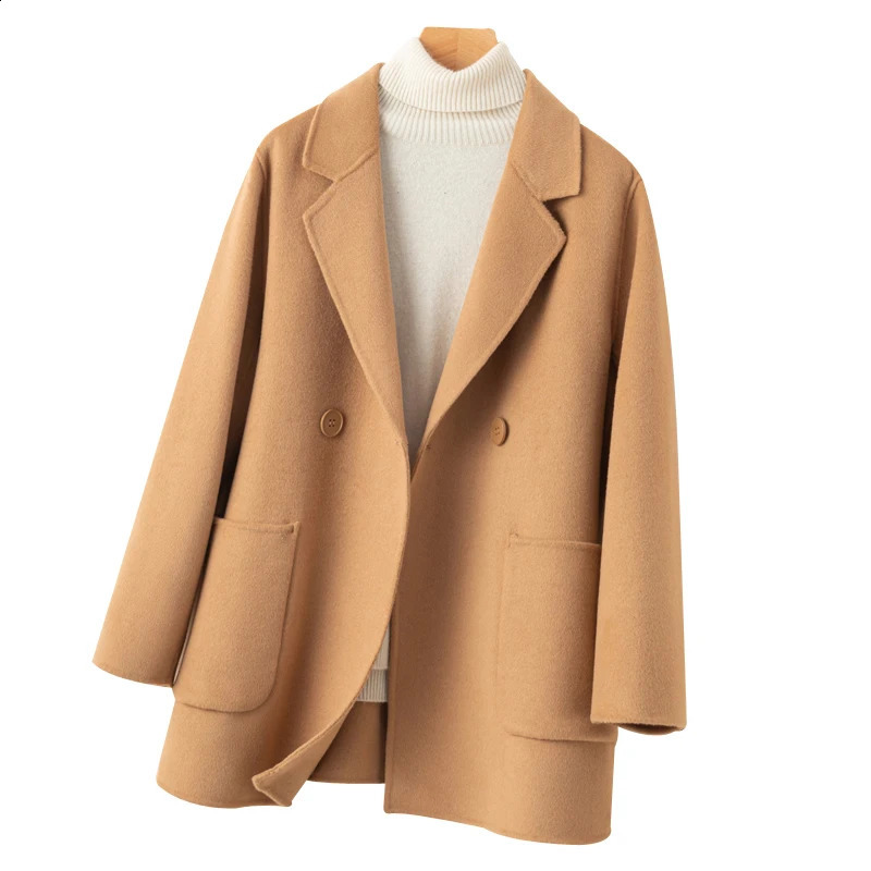 Kaixing Classic Casual Style Womens Coat 100% Pure Wool Reversible Loose Set Jacket Fashion Large Pocket 240912