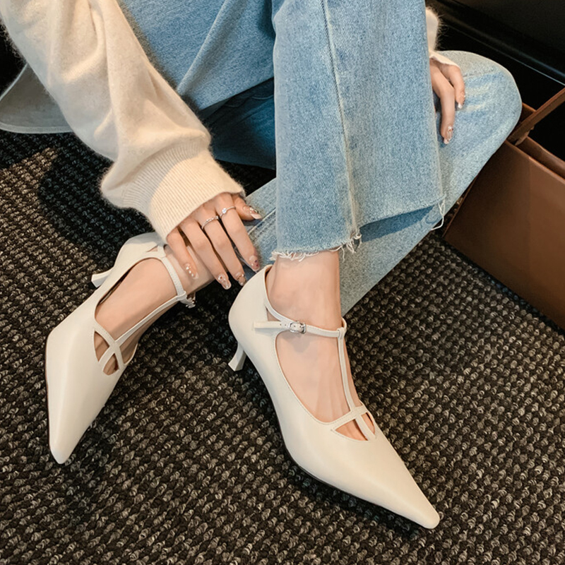 Size JOZHAMTA 34-40 Real Leather Women Pumps T-Strap Sexy Pointy High Heels Shoes New 2025 Fashion Flats Office Lady Elegant Dr c32e