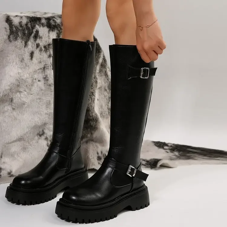Belt Buckle Gothic Boots for Women Black Thick Heels Knee High Boots Woman Plus Size 42 Punk Long Botas Female 2024