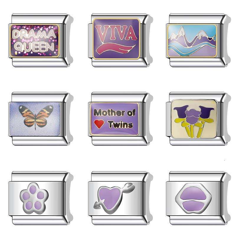 New Women's Gift Purple butterfly flowers Bead Italian Charms Links Bangle Beads Fit 9mm Stainless Steel Bracelet Making DIY For Women Fashion Je