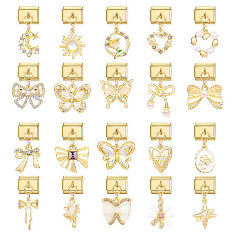New Women's Gift Gold plated Bow Pendant Italian Charms Links Bangle Beads Fit 9mm Stainless Steel Bracelet Making DIY For Women Fashion Jewelry