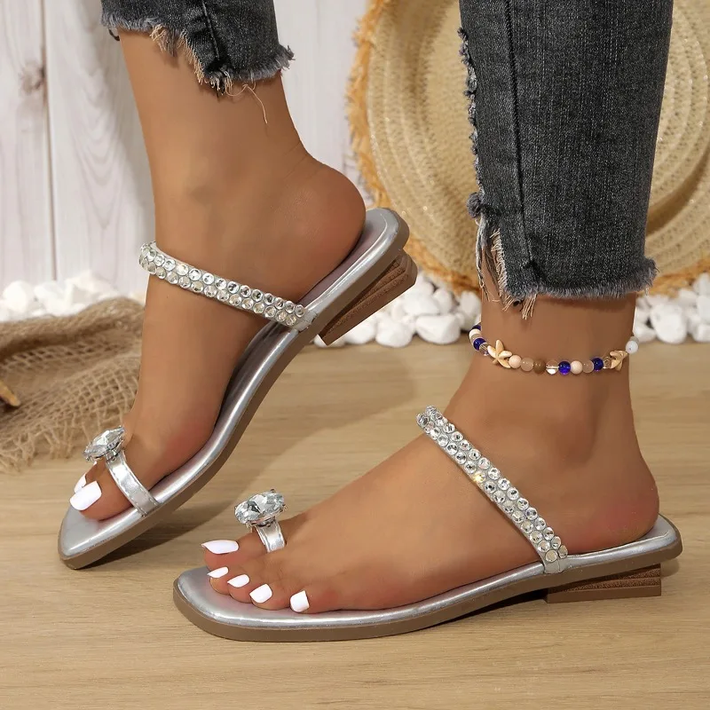 Rhie Set Toe Slippers Female Summer New Square Head Word with New Temperament Flat Sandals 5e2f