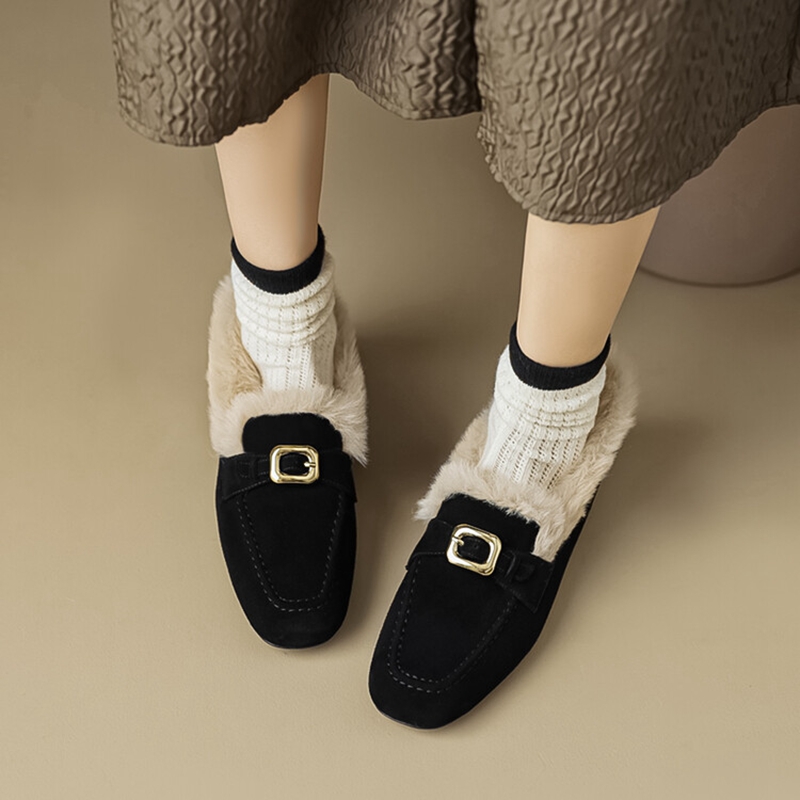 Winter NEW Loafers Sheep Suede Leather for Women Round Toe Low Heel Black Warm New Wool Blend Shoes atos mujer 39bc