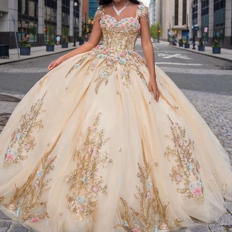 Champagne Shiny Princess Ball Gown Quinceanera Dresses Off The Shoulder Sequined Applique Lace Beads Bow Tull Sweet 16 Dress Vestido De 15 Anos