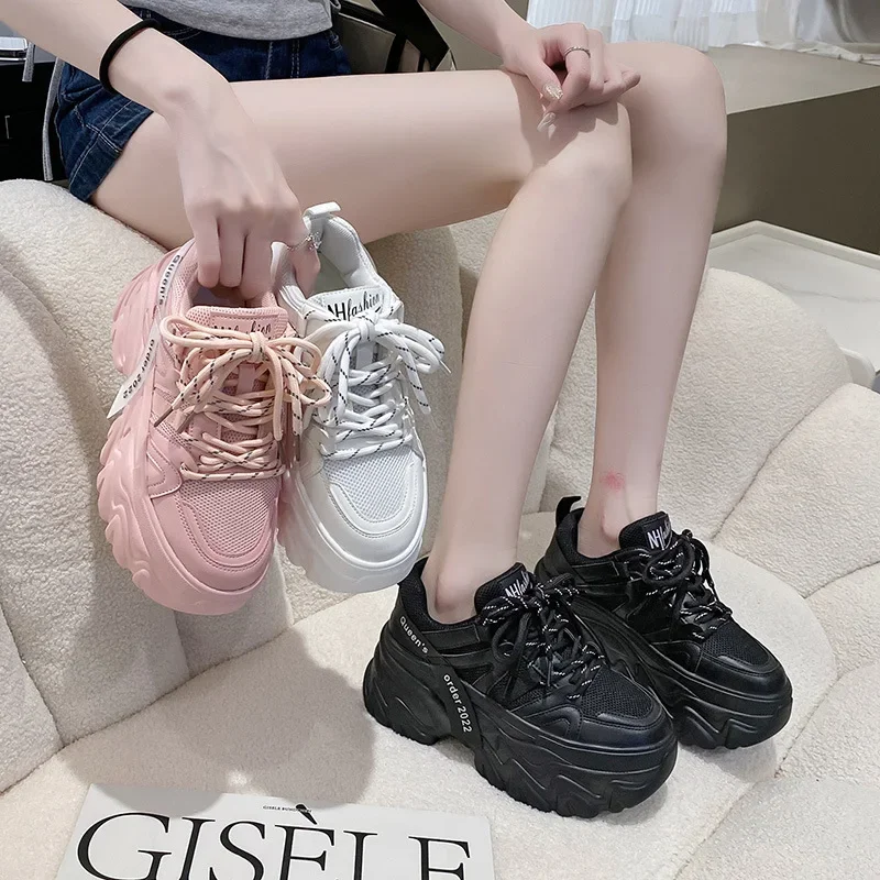 Women's Pink Chunky Sneakers Breathable Platform Sports Shoes Woman Lace Up Thick Sole Casual Shoes Zapatillas Mujer 2024