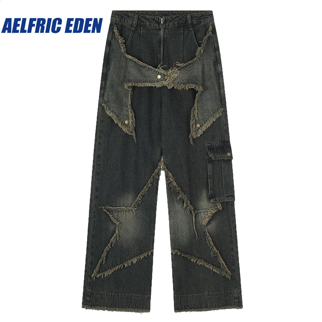 Aelfric Eden Distressed Effect Patchwork Star Denim Jeans Y2K Men Vintage Punk Hiphop Denim Pants Streetwear Rock Harajuku Jean 240909