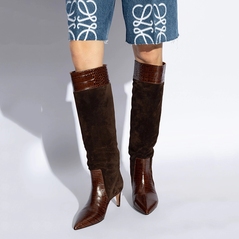 JOZHAMTA Size 32-43 Knee High Boots For Women Real Leather Stitched Stiletto High Heels Pull On Sexy Pointy Toe Long Tall Boots