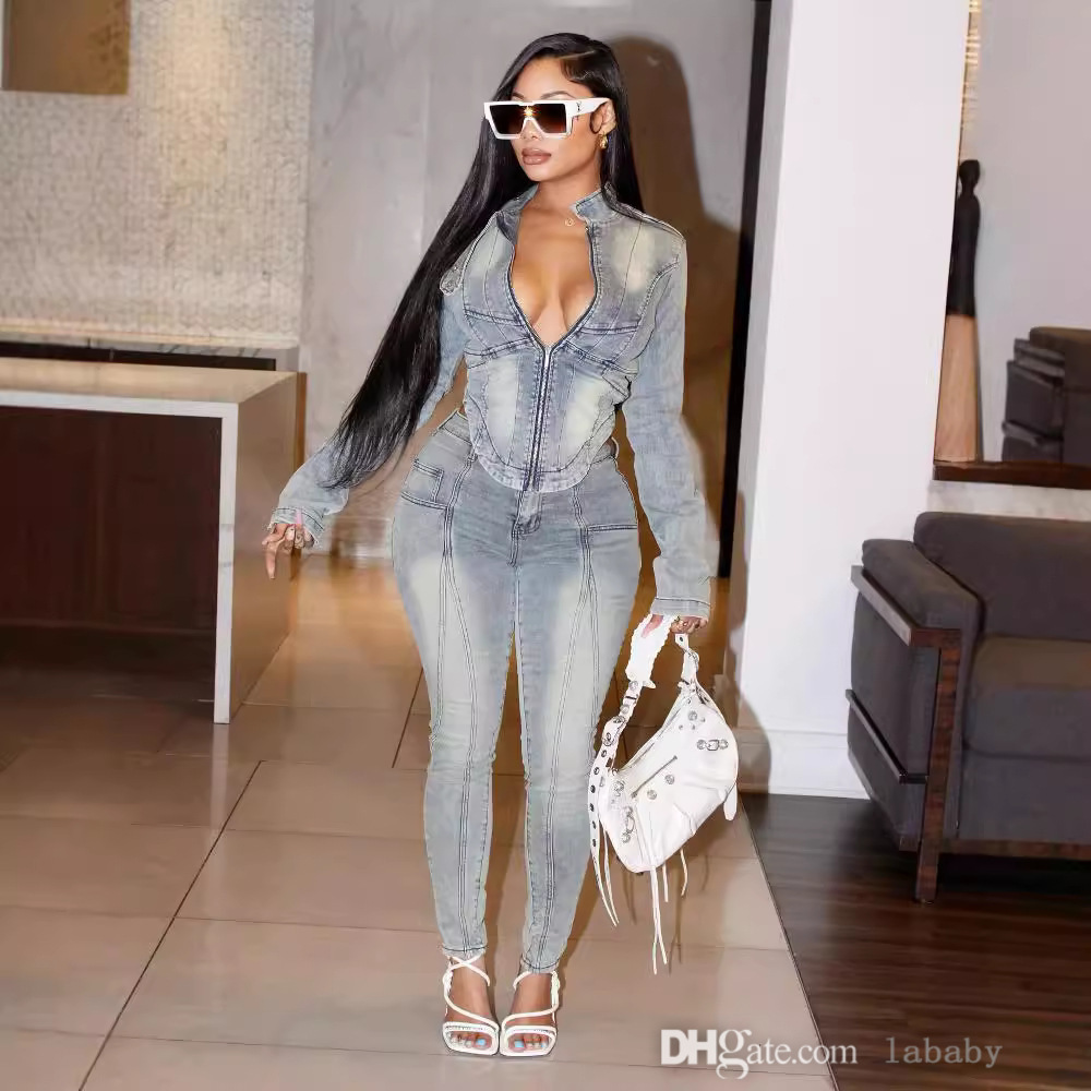 Denim Tracksuit Streetwear Two Piece Set Fashion INS Vintage Jeans Sets For Women Outfits Zipper Sexy V Neck Jacket And Slim Fit Trousers Casual 2Pcs 