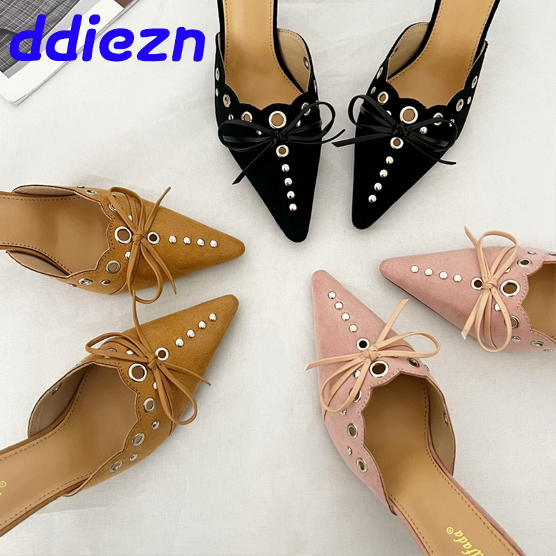 Ladies Thin Fashion Butterfly-Knot Rivet Female Slides Slippers Heels Women Footwear Mules Pumps Shoes c6d6
