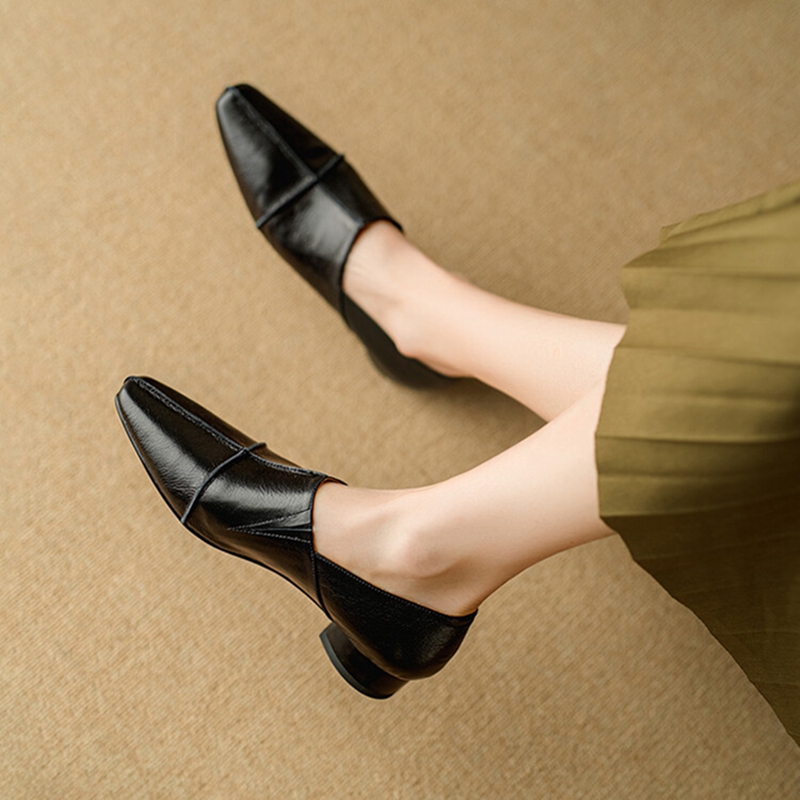 Spring NEW Loafers Genuine Leather for Square Toe Low Heel Women Pumps Slip-on Soft Black Comfort Shoes 472a Comt