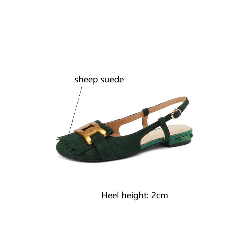 Low Summer Heel Fashion Metal Buckle New Sheep Suede Sandals Tassel Women Pumps Ladies Shoes Green 94a9