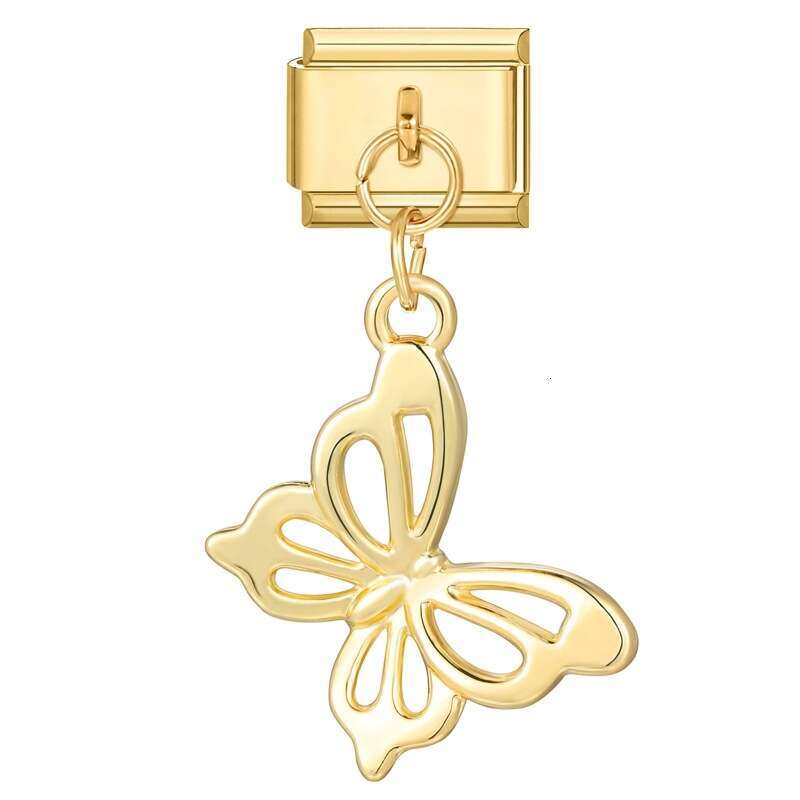 New Women's Gift Gold plated flower butterfly Pendant Italian Charms Links Bangle Beads Fit 9mm Stainless Steel Bracelet Making DIY For Women Fas