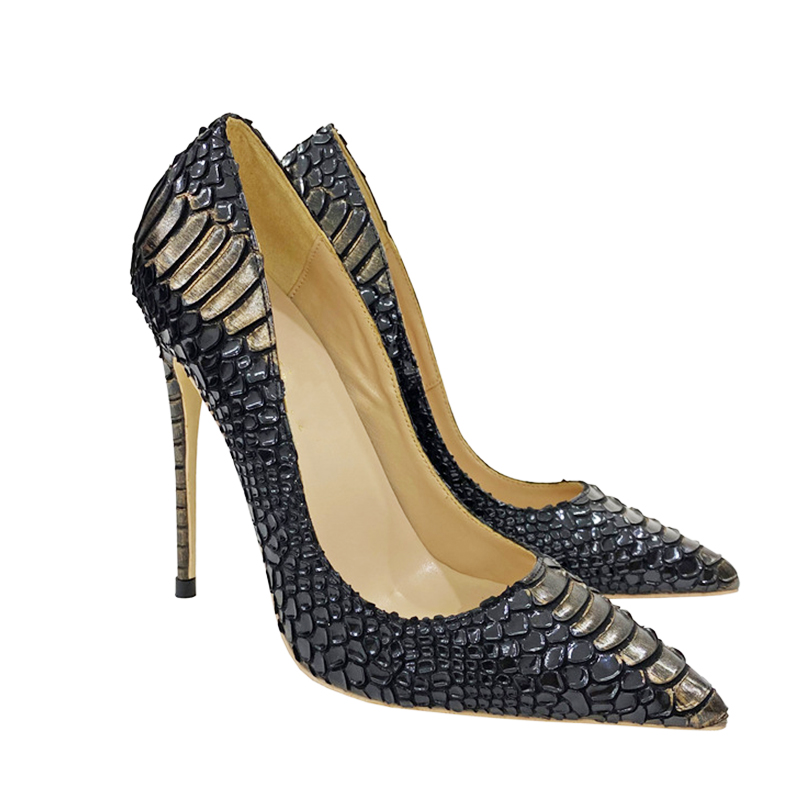 Sexy Snake Skin Patterned High Heels 12CM Slim Heel Shallow Mouth Single Shoes Soft Embossing Leather Pointed Toe Women's Pumps