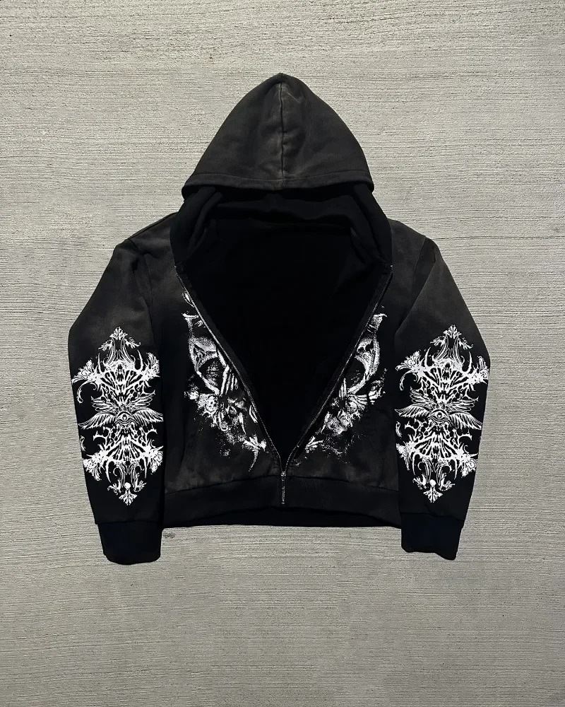 American Devil Cartoon Letter Print Oversized Hoodie Mens Y2K Streetwear Retro Loose Casual Versatile Zipper Sweatshirt Womens 240913