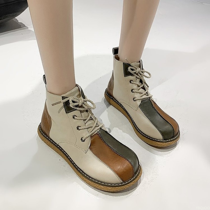 Women Ankle New 2022 Retro Leather Splicing Women's Shoes Vintage Autumn Lace Up Casual Flat Short Boots Botas De Mujer