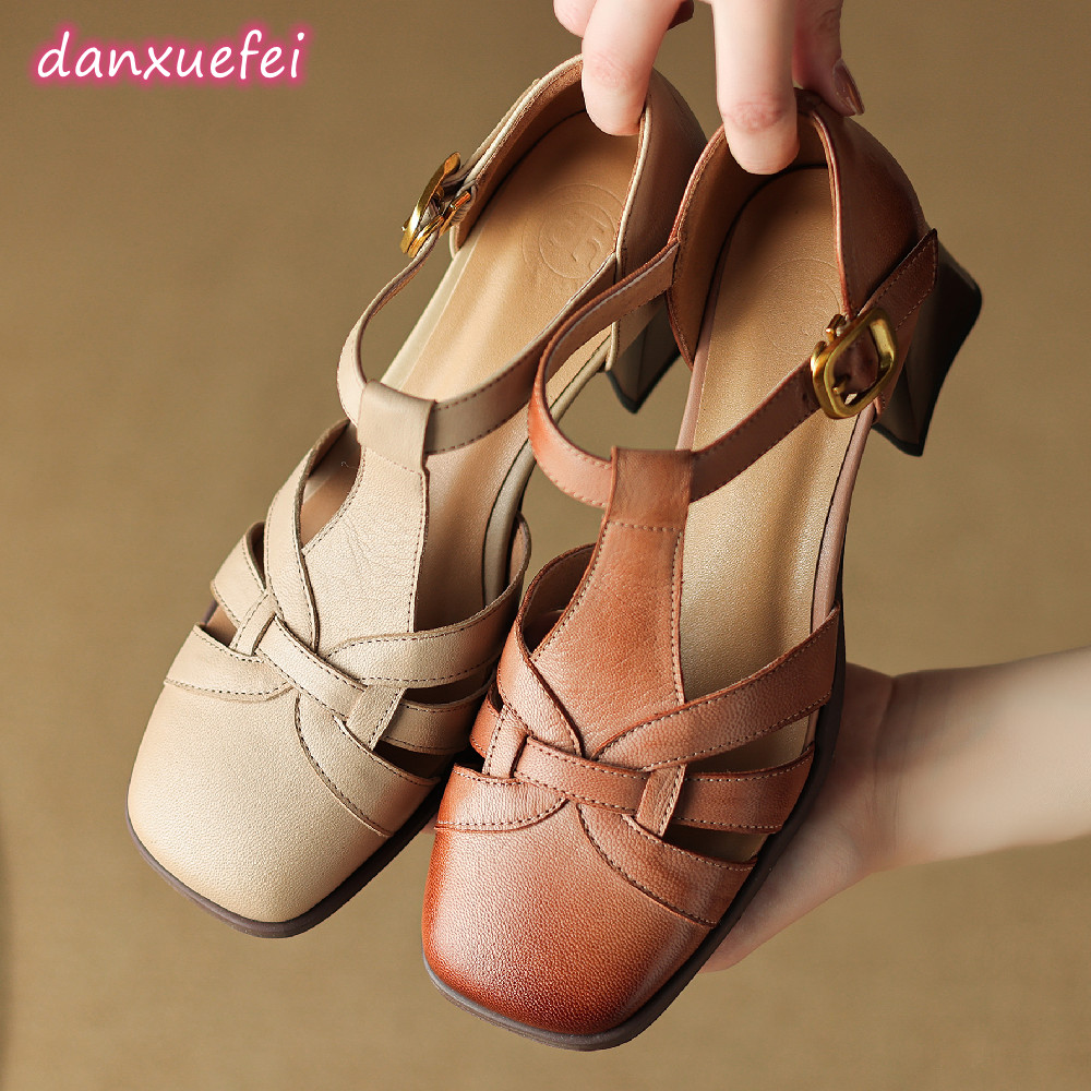 Womens Genuine Leather Braided T strap Gladiator Sandals Plus Size 34 42 5cm Thick Med Heel 4 hick