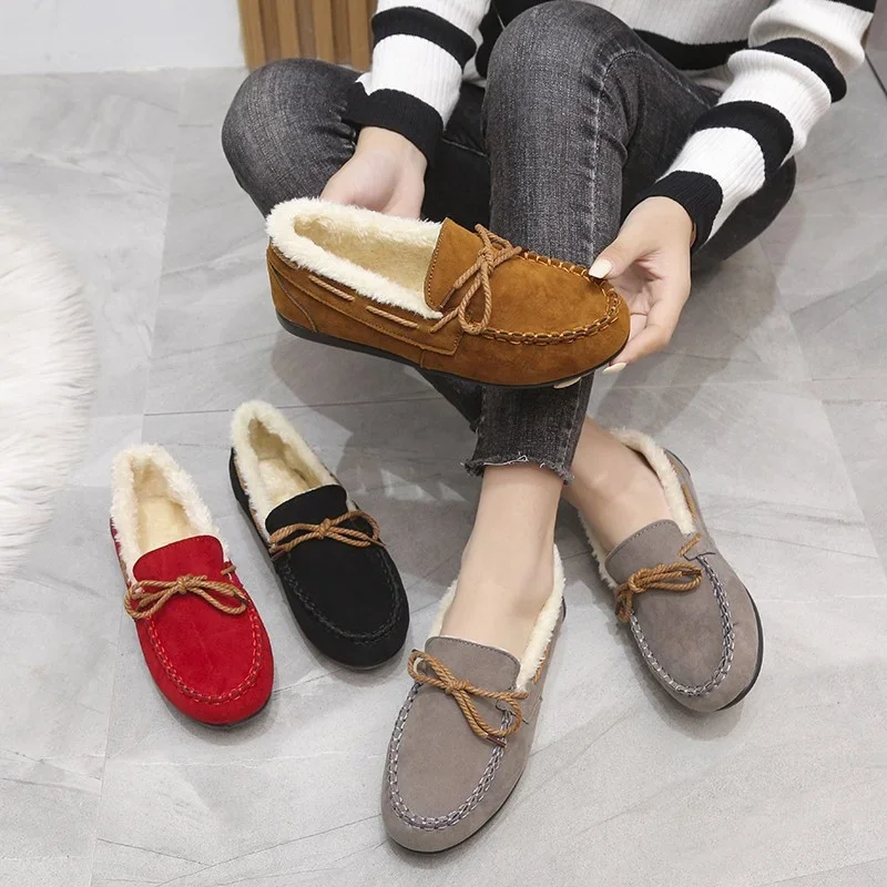 Winter Women Casual Flat Women's Moccasins Soft Loafers Fashion Comfort Warm Plush Bow Slip on Female Cotton Shoes b68b