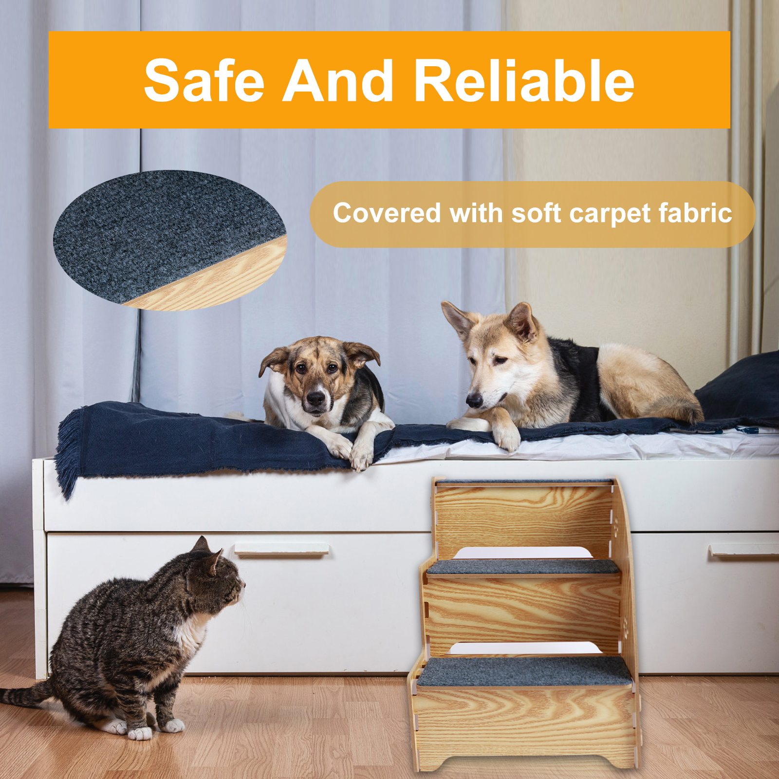 Pet Stairs for Small Dogs Puppy Stairs with 3 Tiers Pet Steps Non SlipCovered with Carpeted Fabric Sleek Removable for Sofa Bed