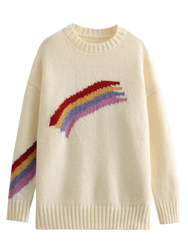 dongdumaoyi New women's sweater autumn/winter knitted sweater rainbow stripe European and American style loose pullover knitted sweater F0914#40