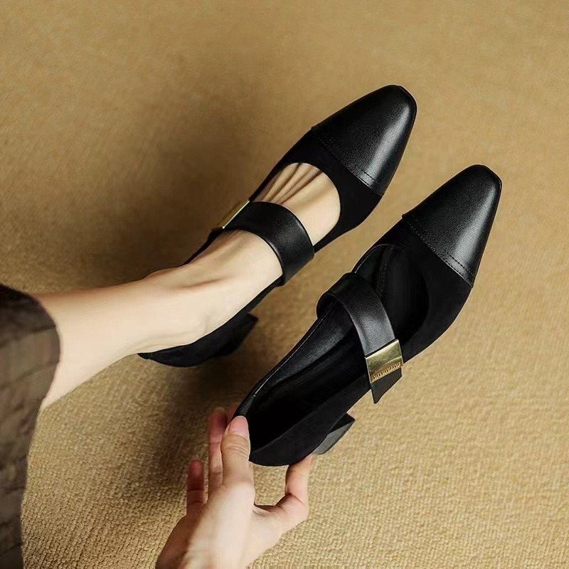 Women Nature Suede High Thick Heels New 2024 Spring Black Apricot Square Toe Pumps Elegant Lady Metal Decoration Shoes