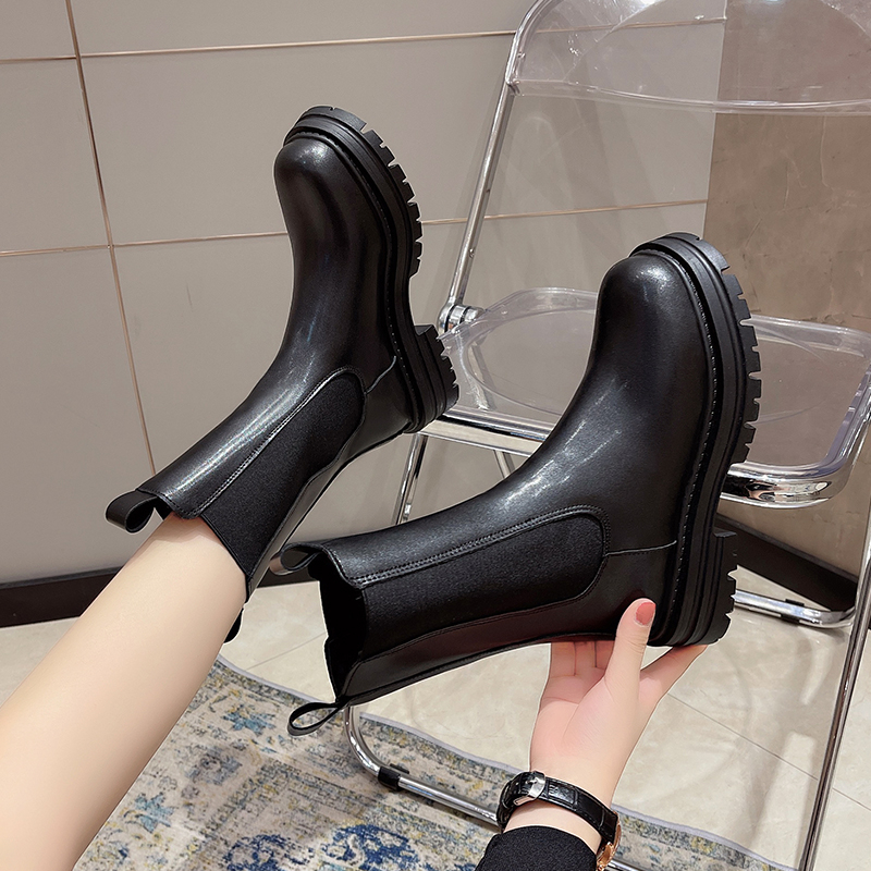 New Classics Chelsea Boots Women Black Ankle Boots Ankle Shoes High Genuine Leather Platform Short Boots Slip on Elastic Band