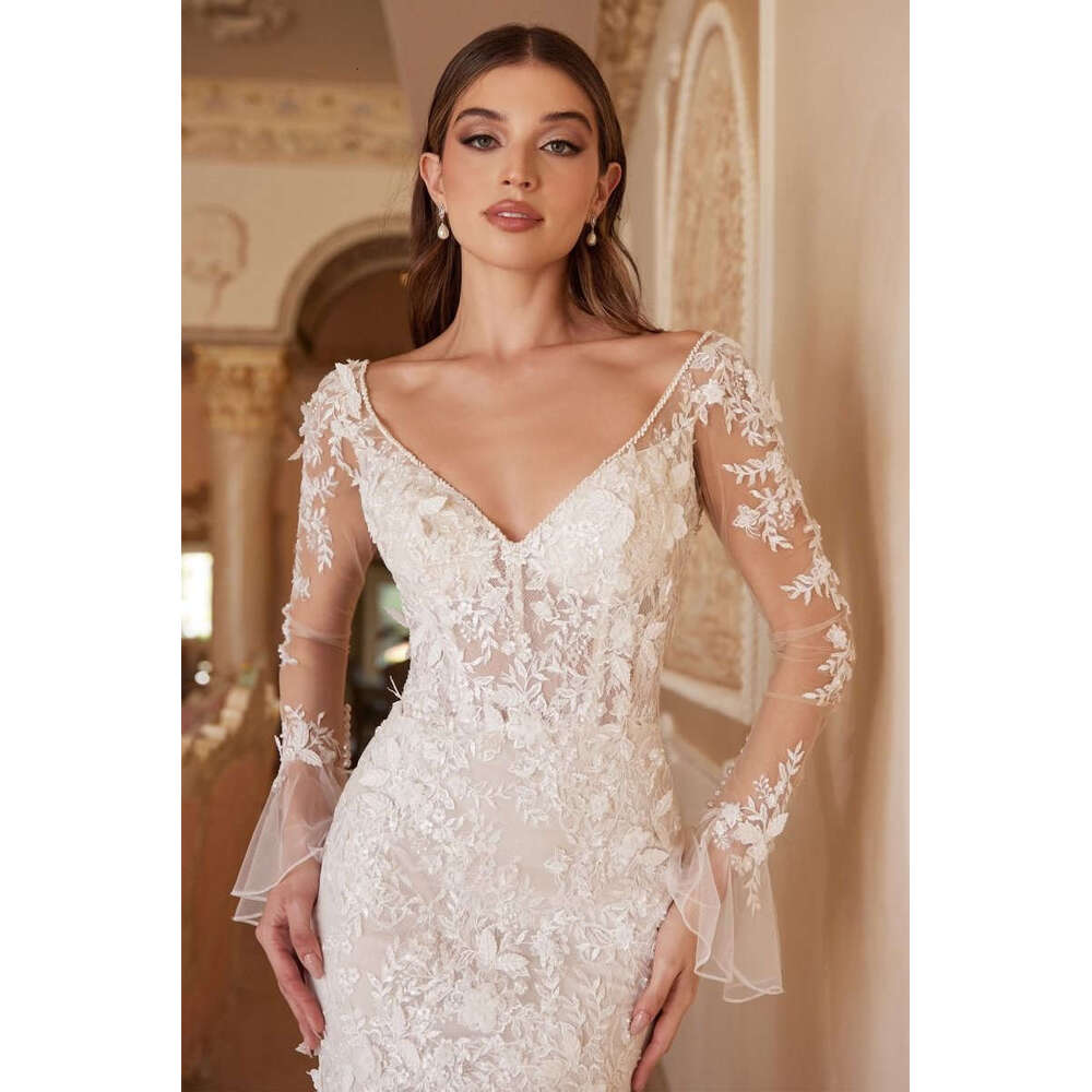 Newest Dresses Mermaid V-Neck Appliques Lace Long Sleeve Backless or-Length Princess Bride Wedding Dress Custom Made