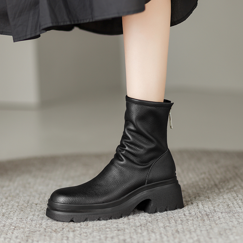 2024 Winter Leather Ankle Round Toe chunk Heel Platform Shoes Solid Casual Women Boots f8ca