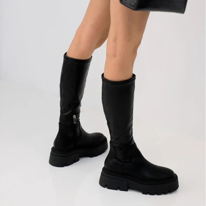 Knee Ladies Fashion High Heels Thin Spring AutumnThick Sole Elastic Black Long Boots New Platform Punk Style Botas