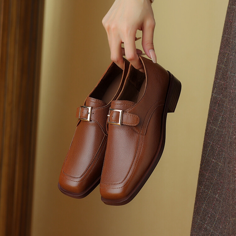 Spring NEW Loafers Genuine New Leather for Square Toe Chunky Heel Women Pumps Slip-on Buckle Oxfords Shoes 0fd3 Oxds