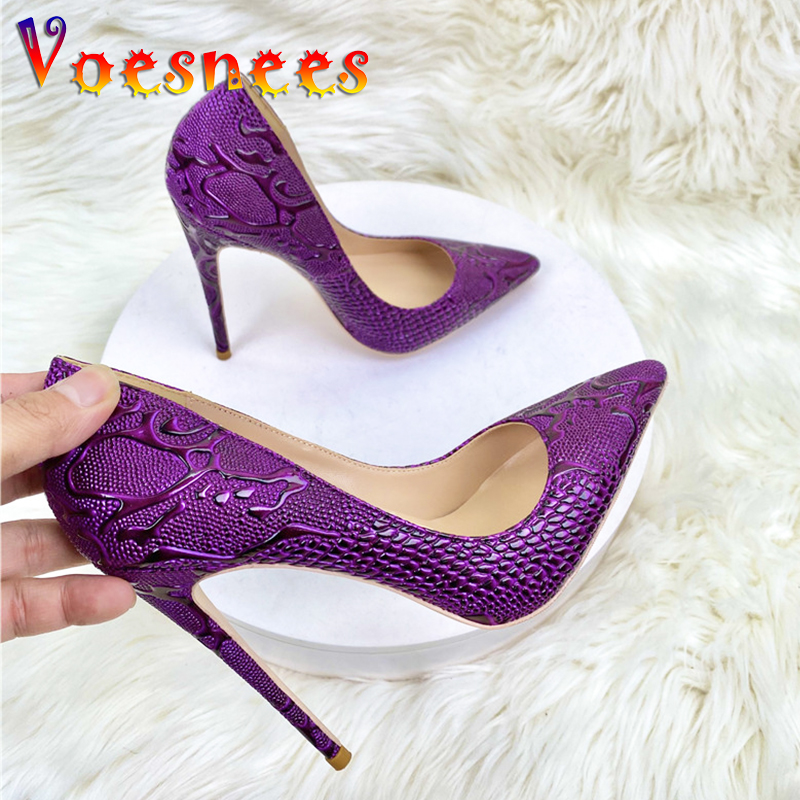 Purple Snake Patterned Luxury High Heels 12CM Pointed Thin Heel Single Shoes Comfortable Soft Leather Shallow Mouth Women Pumps