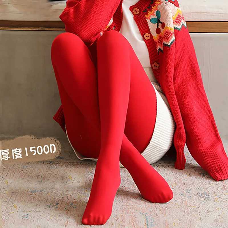 2024 Warm Red Pants Autumn Winter Plush Thickened Pantyhose Women Leggings Wedding Benmingnian New Design Bright Foot 155-172cmX240914