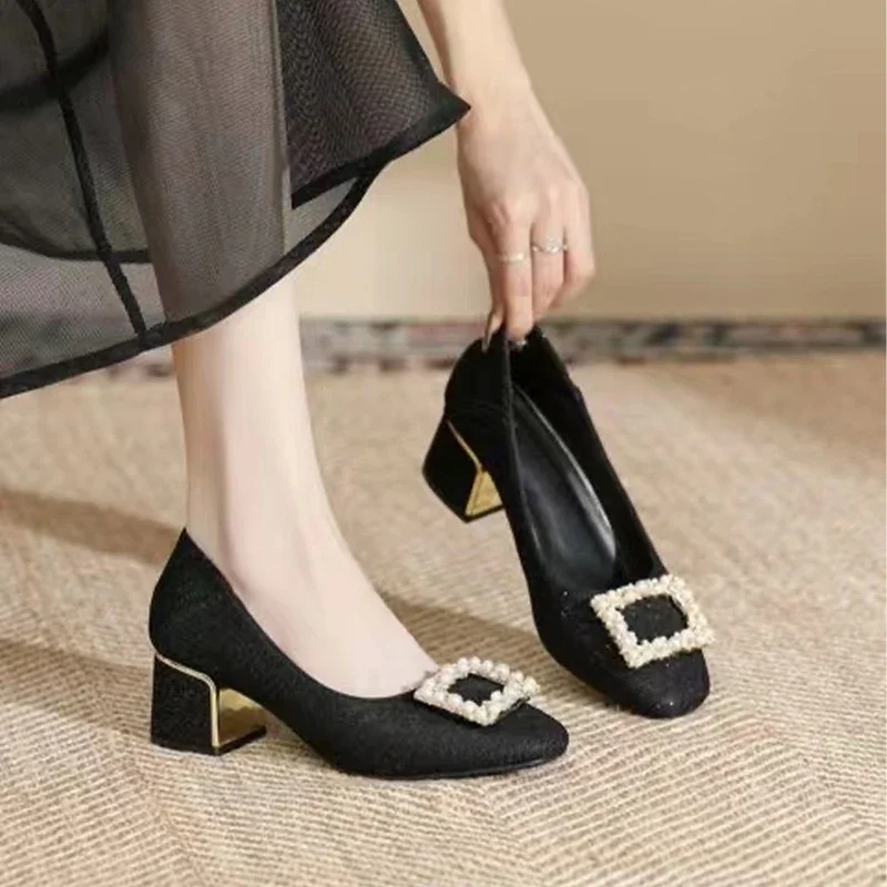 Summer Women Crystal Beaded High Heels Chunky Fashion Dress Shoes Elegant Shallow Femme Pumps ec72