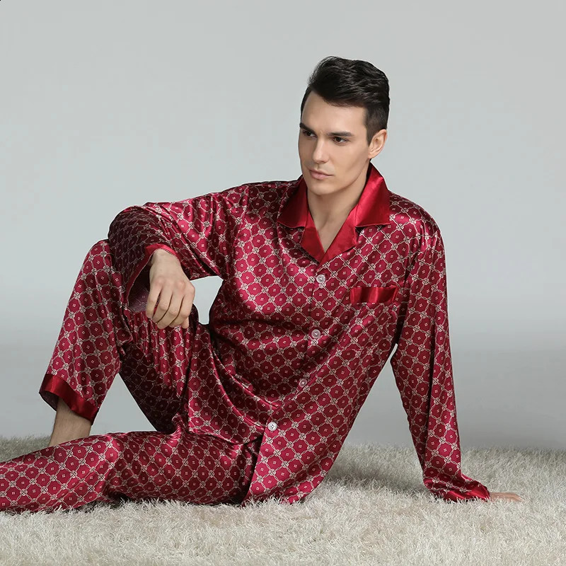 PLUS SIZE Mens Pajamas 2PCS Sleepwear Set Spring Autumn Long Sleeve Trouser Pijamas Suit Loose Print Silk Satin Lounge Wear 240905