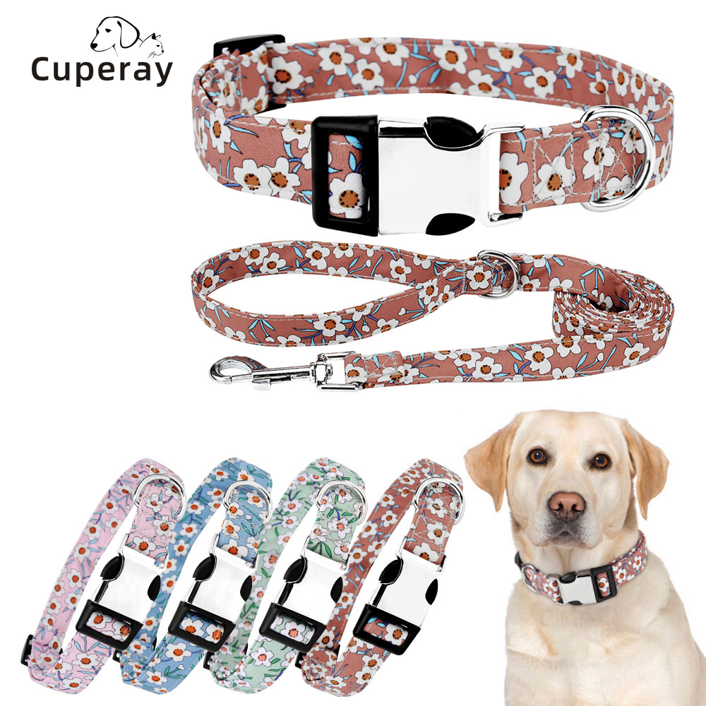 Dog Collar and Leash Set for Daily Outdoor Walking Running Training, Floral Spring Design for Small Medium Large Dogs Cats Pets