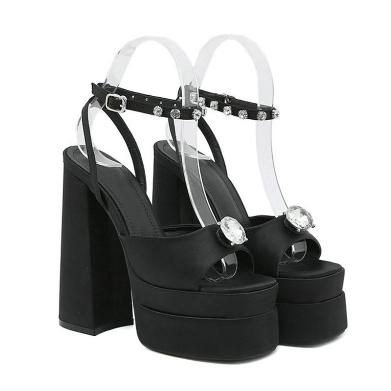 New 2024 Brand Summer Sexy Women's Sandals Black Rhinstone Strap Thick High Heel Platform Shoes atos Mujer New Ladies b154