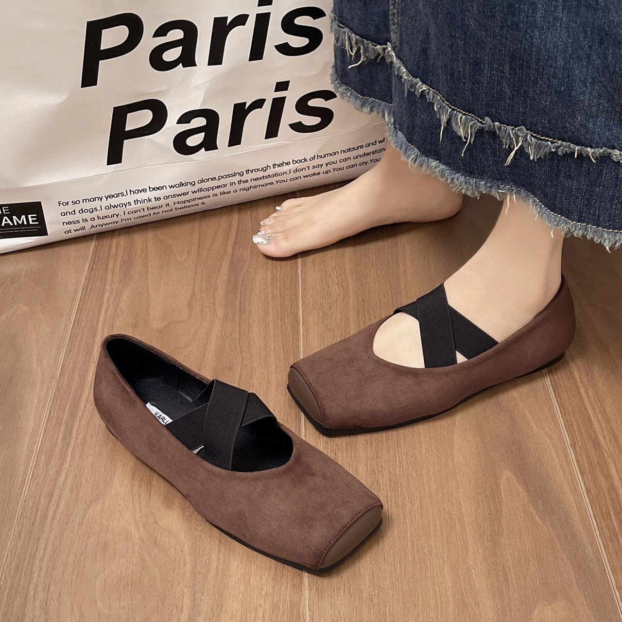 2024 Spring New Women's Shoes Fashion Retro Korean Version of Square Head Grandma Shoes Female Cross Elastic Flat Shoes Female