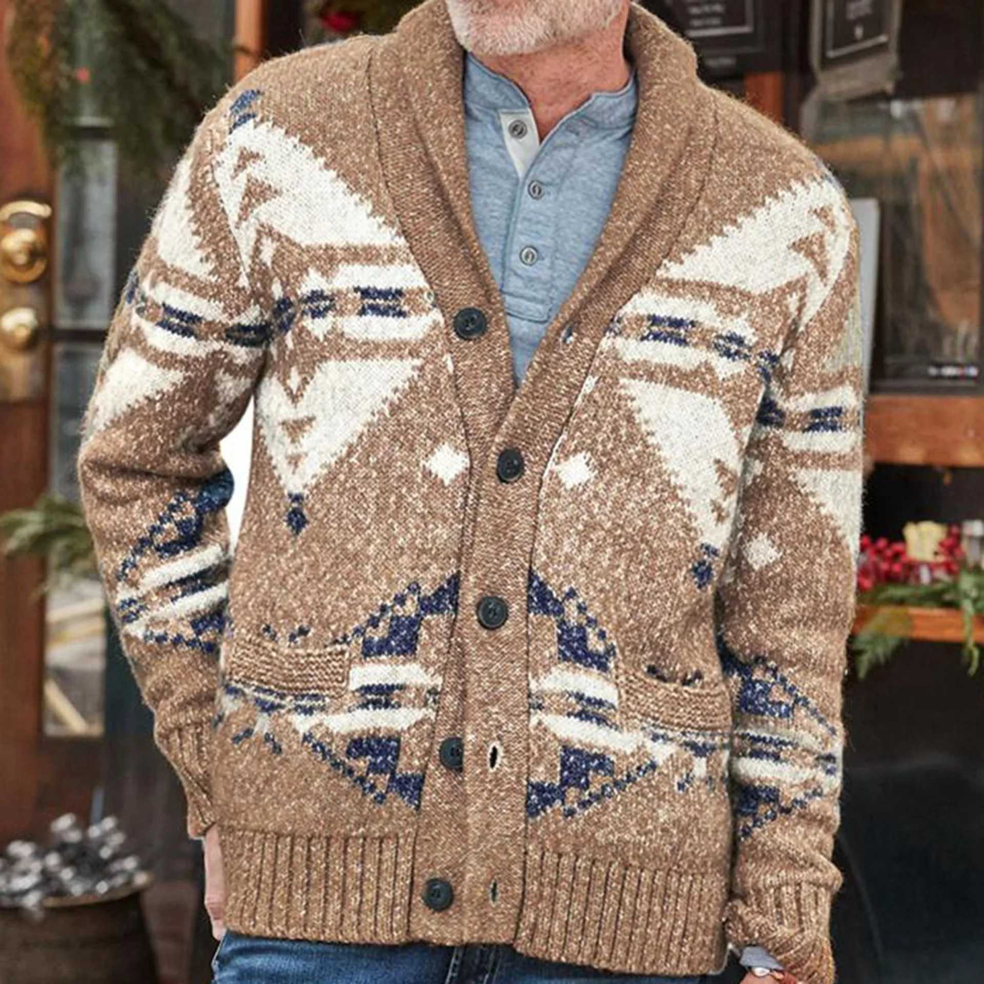Mens Cardigan Sweater European and American Autumn and Winter Vintage Jacquard Sweater Casual Versatile Woolen JacketXJ240907