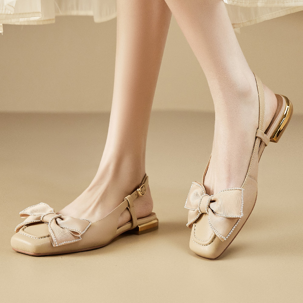 genuine Women's leather sgback slip-on sandals square toe sweet bowtie korean style summer New flats sandalias shoes women 2108