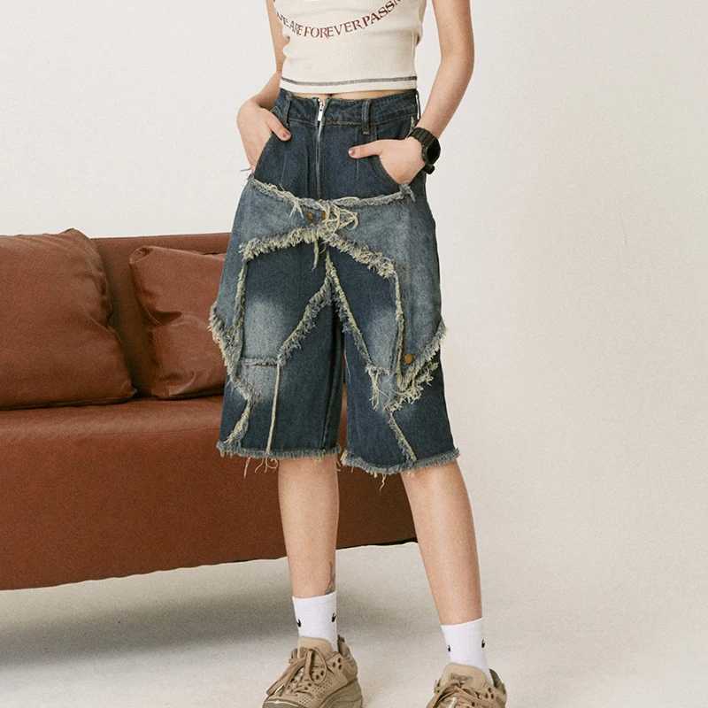 Harajuku Vintage Functional Embroidered Star Pattern Denim Shorts Mens Oversized Sunny Bermuda Casual Shorts College Pants Y2KX240914