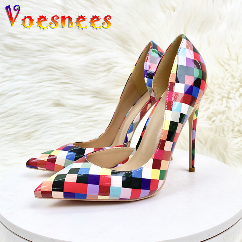 Summer Colorful Grid High Heels Pumps High Quality 12CM Party Women Shoes Club Fashion Slip-on Pointed Toe Stilettos Plus Size