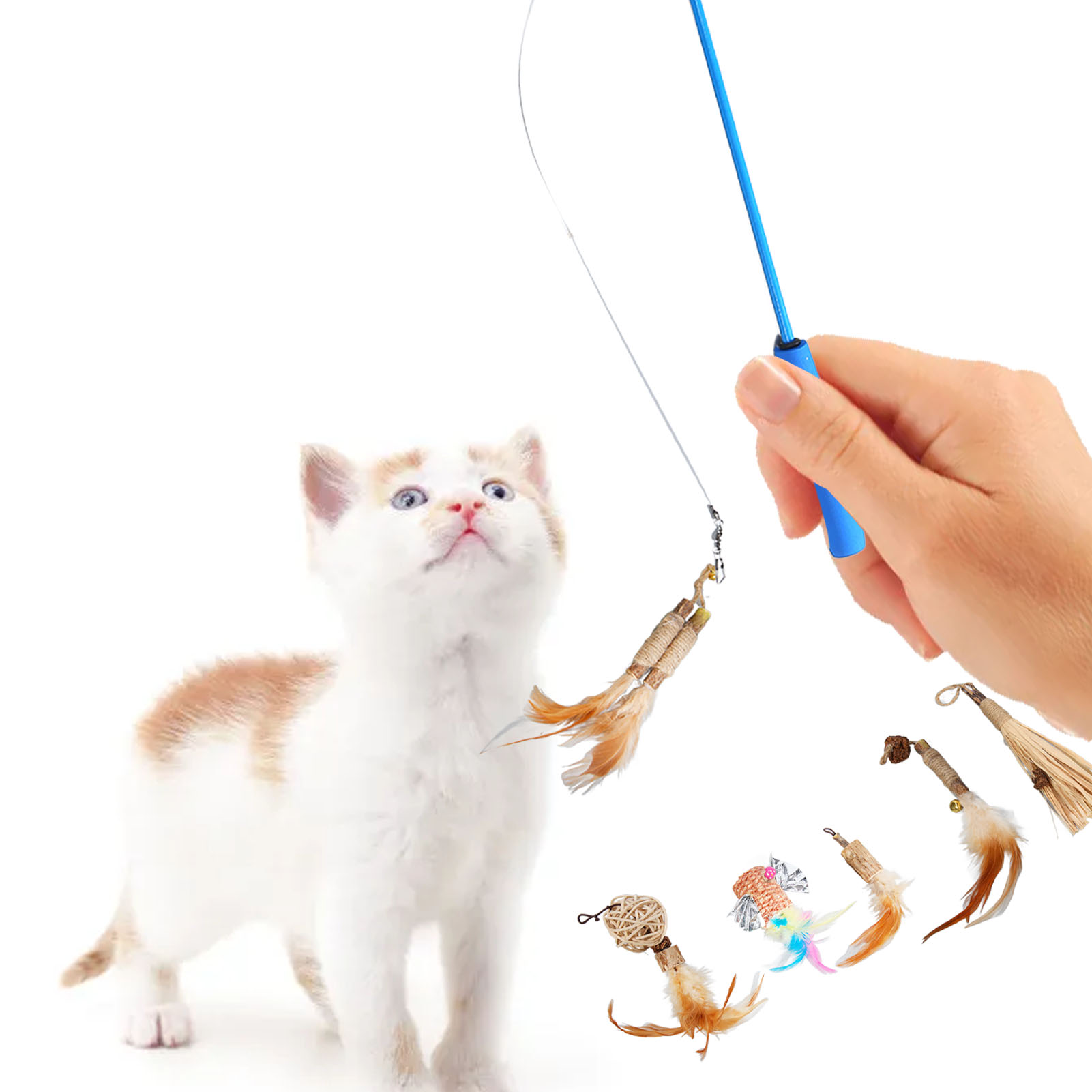 Cat Toys 6 Replacement Heads Retractable Interactive Eco Friendly Lightweight Easy To Store Cat Teaser For Indoor
