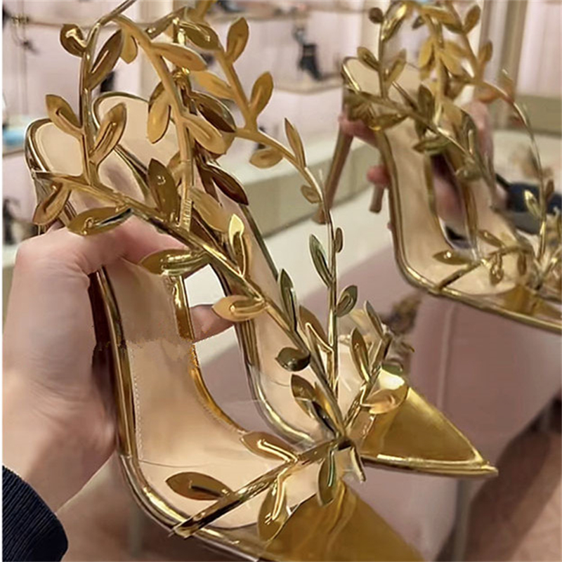 2024 Summer New Metal Patent Leather Women Sandals Stiletto Leaf Open Toe Ladies Shoes Rome Sexy Pointed Zapatos Para Mujeres