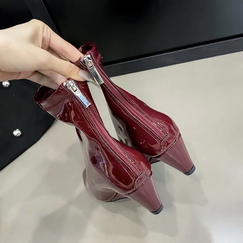 Eilyken Women Ankle Boots Fashion Patent Leather Pointed Toe Wedges High Heels Zipper Shoes Botas De Mujer 5940
