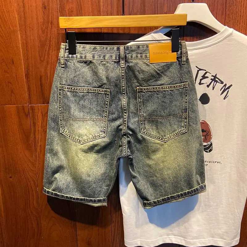 Vintage Washed Denim Shorts for Men Casual Summer Knee Length Jeans with Ripped Holes Korean Luxury Clothing Cowboy Short PantsX240914