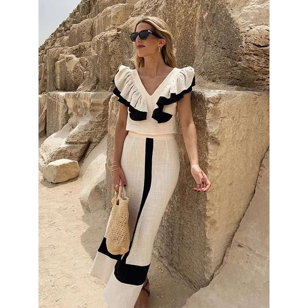 Women Elegant Ruffles Clolor Contarst Midi Skirt Set Sexy V Neck Backless Crop Skirts Suit 2024 Summer Lady Vacation Outfit