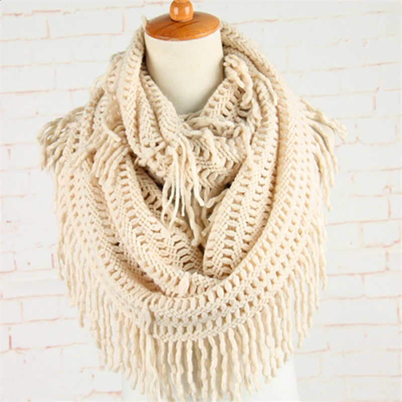 Crochet Snood Scarf Hallow Pattern Knitted Infinity Scarves Women Solid Tassel Ring Tube Shawls LIC Cashmere Circle Collar YG486 240909