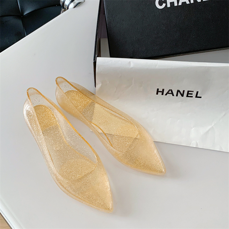 Crystal Shallow Mouth Pointed Single Shoes Casual PVC Jelly Flats Fashion Waterproof Versatile Summer Sandales Femme Mocasines