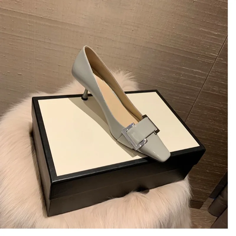 Elegant Square Button Water Diamond Square Head High-heeled Shoes Women Spring Autumn Shopping Commuting Fashion Single Shoes